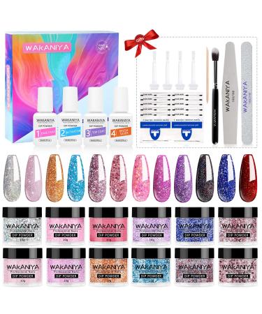 24 Pcs Dip Powder Nail Kit Glitter 12 Color Dipping Powder Set Nail Dip Powder Kit System with Base Top Coat Activator Brush Saver DIY Home Gifts for Women for DIY at Home and Salon