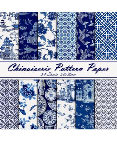 Whaline 12 Design Chinoiserie Pattern Paper 24 Sheet Blue China Scrapbook Specialty Paper Double-Sided Collection Oriental Decorative Craft Paper Folded Flat for Chinoiserie Card Making Scrapbook