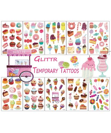 TopFunny Glitter Temporary Tattoos for Kids  141Pcs Girls Lovely Ice Cream Fake Tattoo Birthday Party Supplies Cookie Tattoo (10 Sheets) Cute Waterproof Stickers Decoration Gifts Favors Sparkly Cake Glitter Dessert