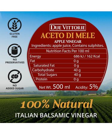 Due Vittorie Apple Vinegar - Premium Italian Gourmet Aged in Barrique Wine Barrels - All Natural Raw Cider Vinegar for Cooking - 16.9 fl oz - Buy Online on SooperMarket.com