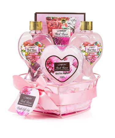 Birthday Gifts From Daughter & Son - Home Spa Gift Basket for Women Red Rose Scent - Luxury Bath & Body Set with Shower Gel Bubble Bath Body Lotion Bath Salt Shower Puff and Wired Heart Basket
