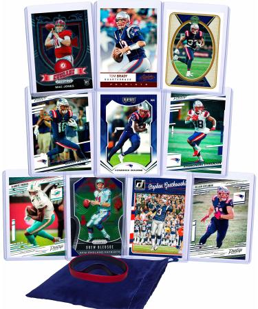 New England Patriots Cards: Mac Jones, Tom Brady, Edelman, Harris, Meyers, Bourne, Stevenson, Parker, Bledsoe, Stephen Gostkowski ASSORTED Football Stars & Legends Trading Card & Wristbands Bundle