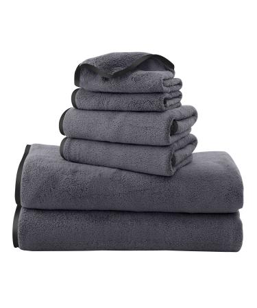 TENSTARS Luxury Silk Hemming Towel Set - Light Thin Quick Drying - 2 Bath Towels 2 Hand Towels 2 Washcloths - Ultra Soft Microfiber Towel for Bath Fitness, Sports, Yoga, Travel (Dark Grey 6 Pieces) Dark Grey Towel Set - 6 Piece