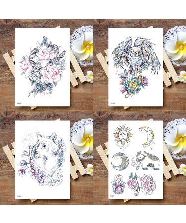 Oottati Fairy Tales Animal Temporary Tattoo Kit - Pink Unicorn Swan Deer Elf Wolf Owl Eagle Elephant Sun Flower Arm - 12 Sheets - Buy Online on SooperMarket.com