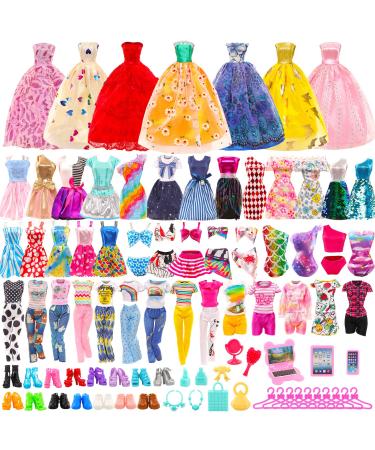 BARWA 57 Pack Doll Clothes and Accessories 5 Fashion Dresses 4 Tops 4 Pants Outfits 3 Wedding Gown Dresses 3 Swimsuits Bikini 5 Mini Dresses 10 Hangers 15 Shoes Computer Cosmetic for 11.5 inch Doll