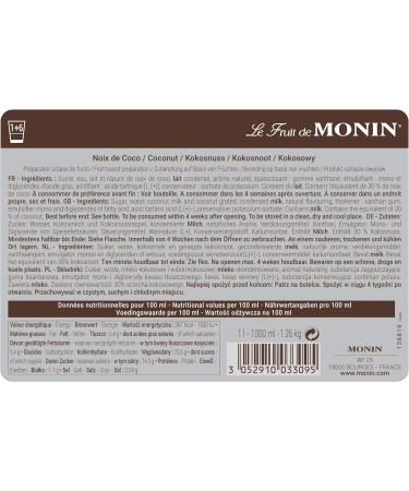 MONIN Coconut Fruit Mix Puree 1L for Cocktails and Frappes - Vegetarian, Allergen-Free, 100% Natural Flavours. 2-in-1 Coconut Puree & Sugar Syrup Hybrid - Buy Online on SooperMarket.com