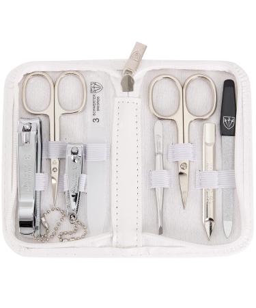 3 Swords Germany - brand quality 8 piece manicure pedicure grooming kit set for professional finger & toe nail care scissors clipper fashion leather case in gift box Made by 3 Swords (002037) WHITE - SYNTHETIC LEATHER