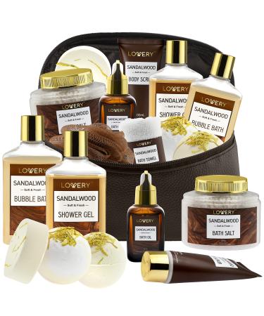 Gifts for Him, Sandalwood Bath Gift Set, Personal Self Care Spa Kit, Relaxing Man Gift Basket for Dad, Shower Gel, Bubble Bath, Body Oil, Bath Bomb & More in Brown Leather Cosmetic Bag