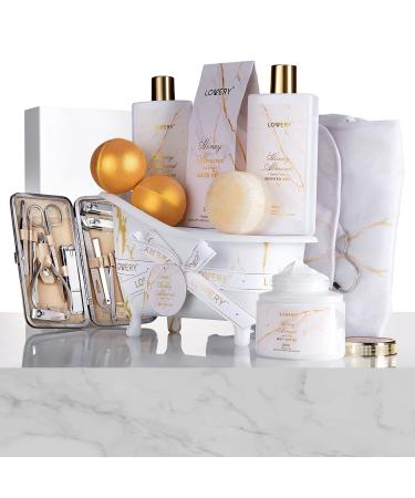 Gifts for Mom Gift Basket Spa Gifts For Women 31Pc Self Care Kit Stress Relief Gift Birthday Thank You Honey Almond Bath and Body Gift - Toiletry Bag Nail Kit Bath Bombs & More