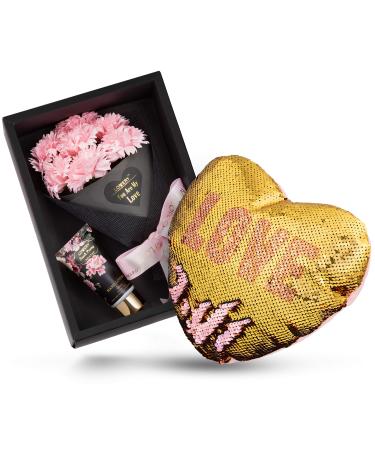 Bath and Body Gift Baskets for Women Spa Gift Basket Plant Essential Oil with Bouqet of Pink Carnation Soaps Fresh Peony and Jasmine Scented Hand Lotion & Reversible Sequin Love Heart Pillow