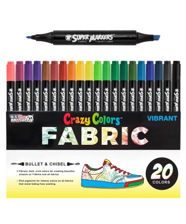 Super Markers 20 Unique Colors Dual Tip Fabric & T-Shirt Marker Set-Double-Ended Fabric Markers with Chisel Point and Fine Point Tips - 20 Permanent Ink Vibrant and Bold Colors 20-Color Primary Set