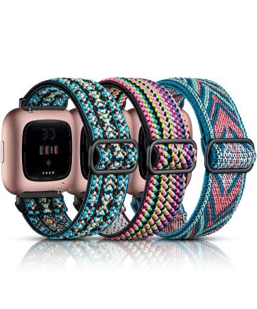 Maledan 3 Pack Elastic Band Compatible with Fitbit Versa/Fitbit Versa Lite/Fitbit Versa 2 Bands for Women Men, Adjustable Stretchy Nylon Solo Loop Strap Wristbands, Boho Green/Green Arrow/Colorful