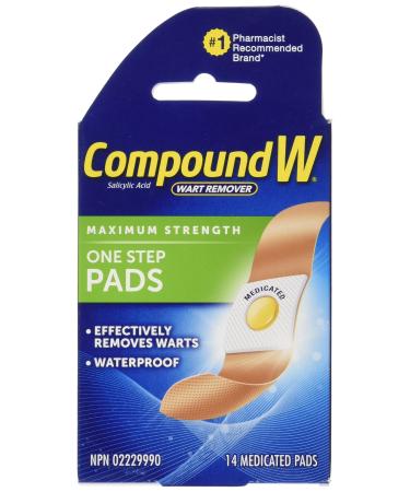 Compound W Wart Remover One Step Pads - 14 Count - Salicylic Acid Maximum Strength For Treatment & Common/Plantar Wart Removal One Step Pads Pads
