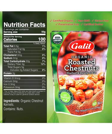 Galil Organic Roasted Chestnuts | Shelled, Gluten Free & Vegan | Ready-to-Eat Snack | 100% Natural | No Preservatives | Perfect for Snacking, Baking, and Cooking | 3.5oz Bags (Pack of 3) - Buy Online on SooperMarket.com