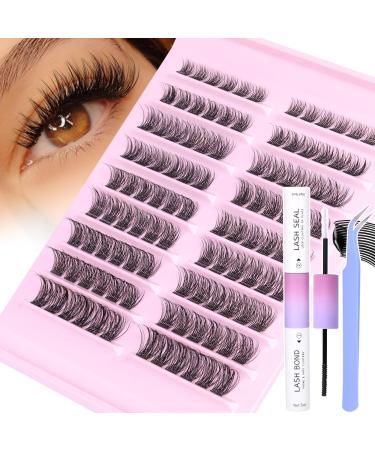 PHKERATA Wispy Cluster Lashes Natural Individual Eyelashes Kit with Bond and Seal and Tweezers 108Pcs Lash Extension Kit C Curl Natural Eyelash Clusters (0.07D 8-16MM) Natural Kit