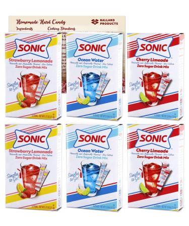 Sonic Singles to Go Variety Pack of 6 - 2 Boxes Each - Cherry Limeade, Strawberry Lemonade and Ocean Water - Bundle with Ballard Products Hard Candy Recipe Card