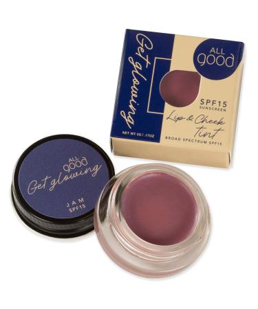 All Good Get Glowing Lip & Cheek Tint - SPF 15 Vegan Mineral Face Makeup Tinted Balm  Cream Blush  Organic Sustainable Botanical Ingredients (Jam)