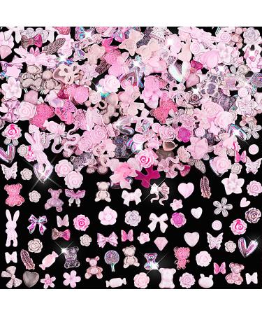 Aurora Bow Nail Charm 200Pcs 3D Multi Shapes Nail Charms Pink Mix Styles Butterfly Bow Flower Bear Lollipop Heart for Nail Art Decoration DIY Crafts Design Accessories