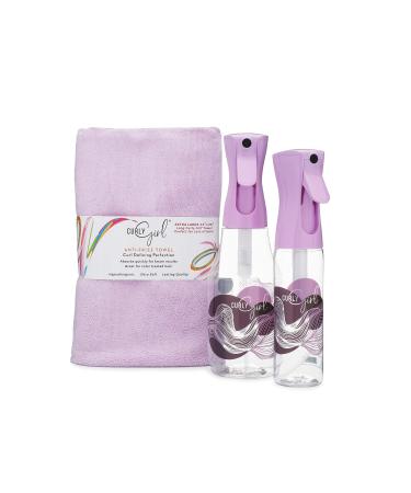 Curly Girl Towel Fine Mist Extended Spray Water Bottle (10 & 24 Oz Bottle Set Lavender Towel) 10 & 24 Ounce Bottle Set Lavender Towel