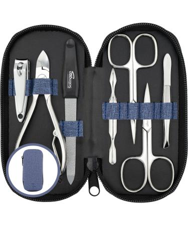 Marqus manicure set men and women 7 parts with nail tongs Solingen Made in Germany for hand and foot care- synthetic leather case in jeans optics 7. Jeans