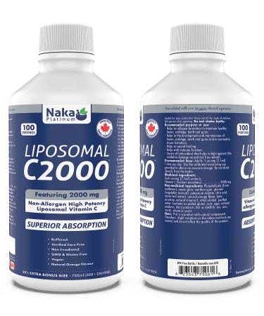 Naka Platinum LIPOSOMAL C 2000 featuring 2000 mg Non-Allergic High Potency Liposomal Vitamin C (750 ml)