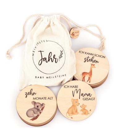 Wood milestone cards Baby printed with colored animals - 30 milestones on fine wooden slices as a gift for birth/to the baby party for pregnant expectant mothers parents.
