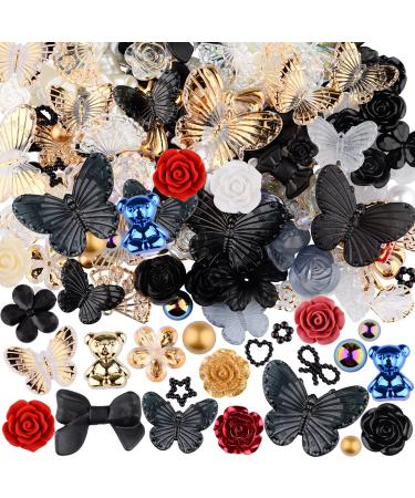 Kikonoke 350 Pieces 3D Resin ABS Colorful Rose Flower Bows Butterfly Charms with Flatback Half Round Pearl Beads for Bracelet Earring Necklace Craft DIY Making Supplies (Black)
