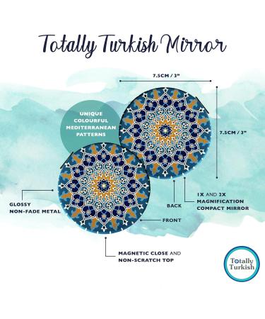 Totally Turkish Metal Compact Mirror Small Folding Round Mirror With Magnetic Close 1x & 2x Magnification For Handbags Make-Up Travel & Commutes Bright & Funky Geometric Pattern (Dantela) - Buy Online on SooperMarket.com