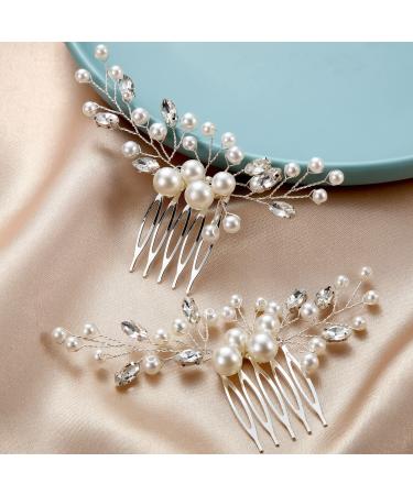 2 Pieces Wedding Pearl Hair Comb Bride Pearl Crystal Headpiece Flower Side Combs Hair Clip Bridal Hair Accessories for Girls Wedding Brides Women Rhinestone  Silver
