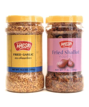 Maesri Fried Shallot & Fried Garlic Combo Pack, Ingredient & Garnish widely used in Asian Cooking, 7 Ounce & 10.5 Once Jar, 2 Piece Assortment
