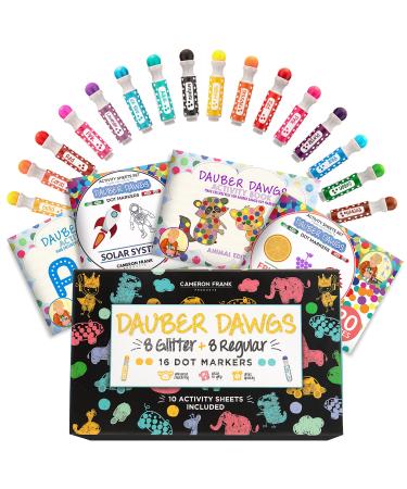 Washable Shimmer & Regular Dot Markers - 16 Pack Downloadable Activity Sheets For Kids, Toddler Art Activities, Preschool Children Arts Crafts Supplies Kit, Bingo Daubers Dabbers Dobbers, Dauber Dawgs 16 Pack Regular + Glitter