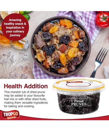 Tropgo Pitted Prunes 220g - Dried Fruit in Resealable and Recyclable Tub - Quick Energy Boost & Wholesome Trail Mix - Ready-to-Eat Dehydrated Fruit Snacks for Kids and Adults - Buy Online on SooperMarket.com
