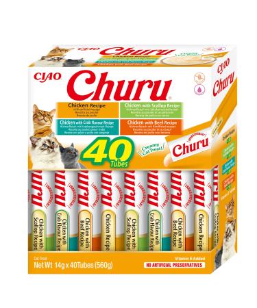 Inaba Churu - Cat delicacies from 4 varieties chicken as a puree - tasty cat snack - treats with a smooth & creamy texture - pet food - 40 tubes x 14g chicken 560 g (1 Pack)