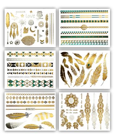 Terra Tattoos Gold Turquoise Metallic Temporary Tats 75+ Boho Henna Designs Feathers  Stars  Birds - Waterproof Nontoxic Long Lasting Perfect for Beach  Festivals  & more!