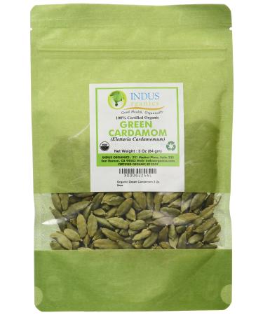 Indus Organics Green Cardamom (Pods), 3 Oz Bag, Premium Grade Cardamom, Hand Picked, Freshly Packed