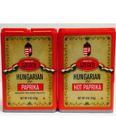 Pride of Szeged Hungarian Style Sweet Delicacy Paprika (4 oz) and Hot Paprika (4 oz)