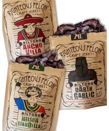 Righteous Felon Biltong Beef Jerky | Keto, Paleo, Gluten Free, High Protein | Hormone Free All Natural South African Style Biltong, No Artificial Flavors, Low Carb Snack | 3 Count (2oz bags) Variety 2 Ounce (Pack of 3)