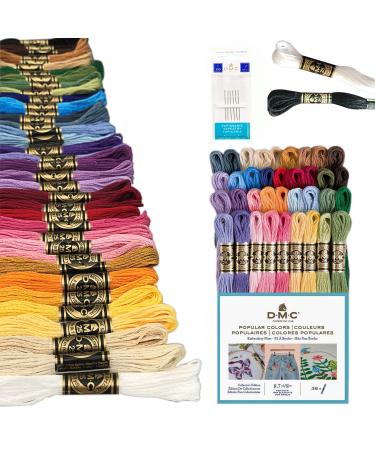 DMC Embroidery Floss Pack Popular Colors DMC Embroidery Thread DMC Floss Kit Include 36 Assorted Color Bundle with DMC Mouline Cotton White/Black and DMC Cross Stitch Hand Needles.