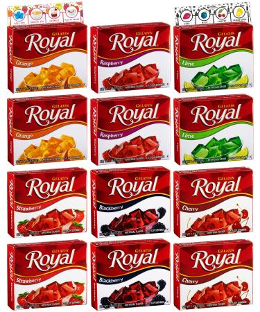 Royal Gelatin Variety Pack of 12 | 2 Box Each - Strawberry, Orange, Lime, Raspberry, Blackberry and Cherry | Bundled with Ballard Jello Shot Recipe Card and Ballard Cold Treats Card