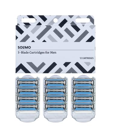 Amazon Brand - Solimo 3-Blade Razor Refills for Men with Dual Lubrication, 12 Cartridges (Fits Solimo Razor Handles only) 12 Count (Pack of 1) Refills