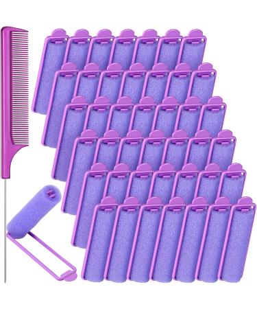 43 Pieces Foam Sponge Hair Rollers Set, Includes 42 Pieces Soft Sleeping Hair Curlers Flexible Hair Styling Sponge Curler and Stainless Steel Rat Tail Comb Pintail Comb for Hair Styling (Purple)