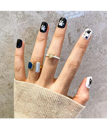 Novo Ovo Press-On Fake Nails - Short Corner Oval Black & White Dog Design | Stick-On Artificial Fingernails with Glue for Valentine's Day | Perfect for Bulldogs & Animal Lovers - Buy Online on SooperMarket.com