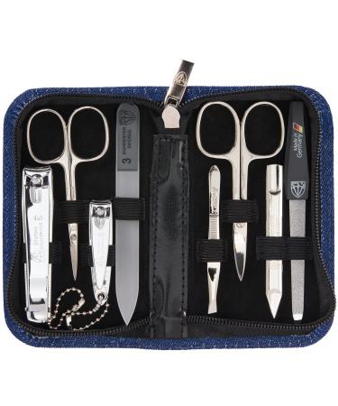 Three swords - 8 pcs.Manicure set 'Roma' |High quality nail care set in blue textile fabric etui |Contents: nail scissors set foot and nail clippers tweezers glass nail files sapphire nail file blue / textile jeans
