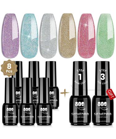 YTD Likomey Colorful Glitter Gel Nail Polish Set - 8 Pcs 6ml with Base and Top Coat - Sparkly Rainbow Manicure Kit in Lavender, Mint, Blue, Silver, Gold, Red, Pink, Green - Buy Online on SooperMarket.com