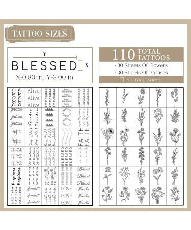 110 Temporary Flower & Phrase Tattoo Stickers for Women - Realistic & Aesthetic Fake Tattoos - Tatuajes Temporales Unisex - Buy Online on SooperMarket.com