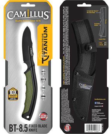 Camillus 19286 BT-8.5 Hunting Knife - 8.9 cm Aus-8 Steel Blade with Ballistic Nylon Sheath - Black/Green GfN/TPE Handle - Ideal for Outdoor Adventures - Buy Online on SooperMarket.com