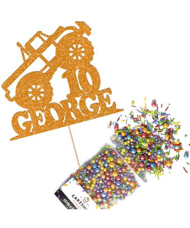 Cakeshop Cake Decoration Pack | Monster Truck Theme Premium Double Sided Glitter Card Cake Topper & 25g Party Pack of Cake Sugar Sprinkles | Custom Name & Age Cake Decorations (Orange) Non-Prime Glitter Card: Orange