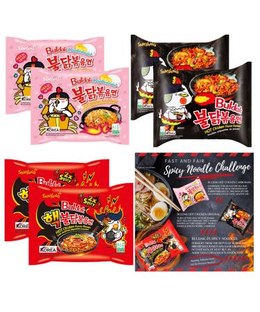 Ultimate Spicy Noodle Challenge Pack Samyang Buldak Variety Bundle with 2x Carbonara 2x Original Hot Chicken and 2x Nuclear Fire Double Spicy Noodles Korean Fire Noodle Challenge Kit