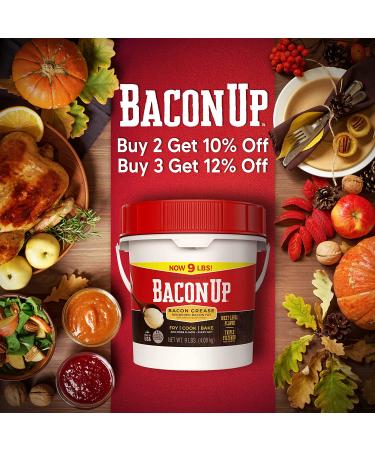 Bacon Up Bacon Grease - 9lb Pail of Authentic Fat for Cooking, Frying & Baking - Gluten-Free, No Carbs, Triple-Filtered & Shelf-Stable - Buy Online on SooperMarket.com