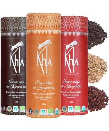 Khla - 3 Kampot Peppers Gift Set - Black White & Red Kampot Peppercorns - 3 x 120g - Rare Premium Peppers - for Grinder Refill - Cooking Food Spices Gifts - Xmas Birthday Gift Idea - Origin Cambodia
